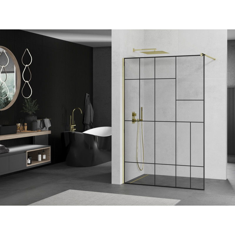 Mexen Kioto paroi de douche Walk-in 100 x 200 cm, motif noir 8 mm, doré - 800-100-101-50-78