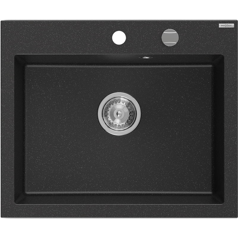Mexen Elix évier en granit 1 bac 600 x 500 mm, noir/métallisé argent, siphon chromé - 6525601005-73