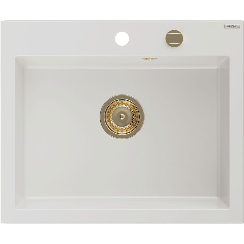 Mexen Elix évier en granit 1-bac 600 x 500 mm, blanc, siphon doré - 6525601005-20-G