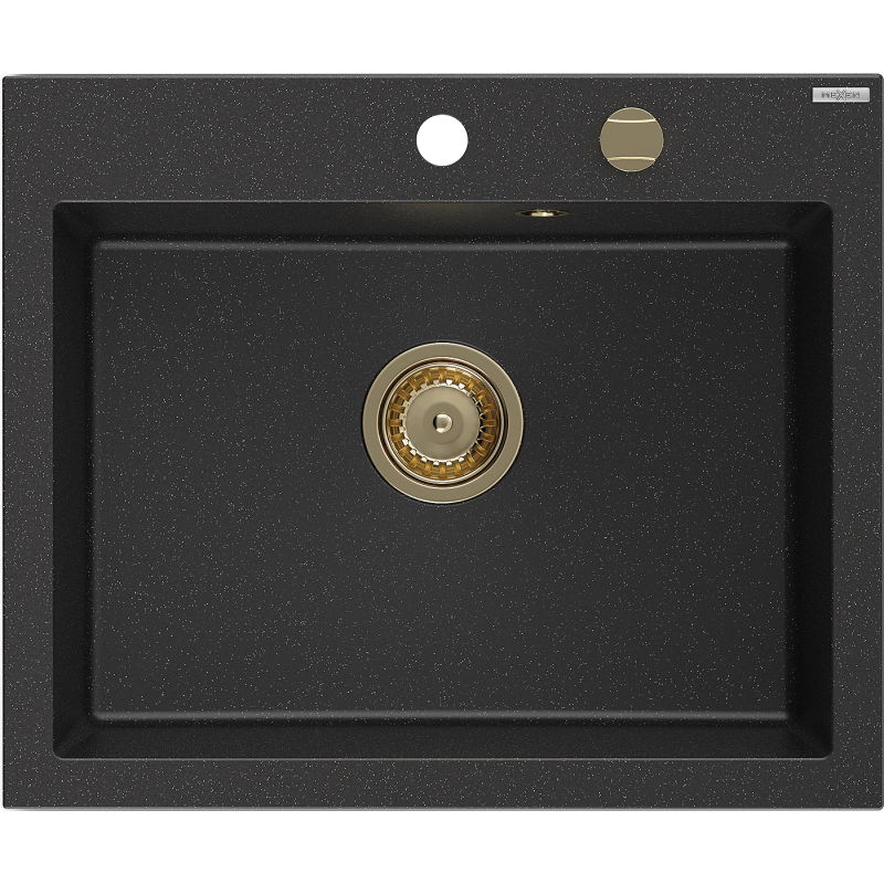Mexen Elix évier en granit 1 bac 600 x 500 mm, noir/argent métallisé, siphon doré - 6525601005-73-G
