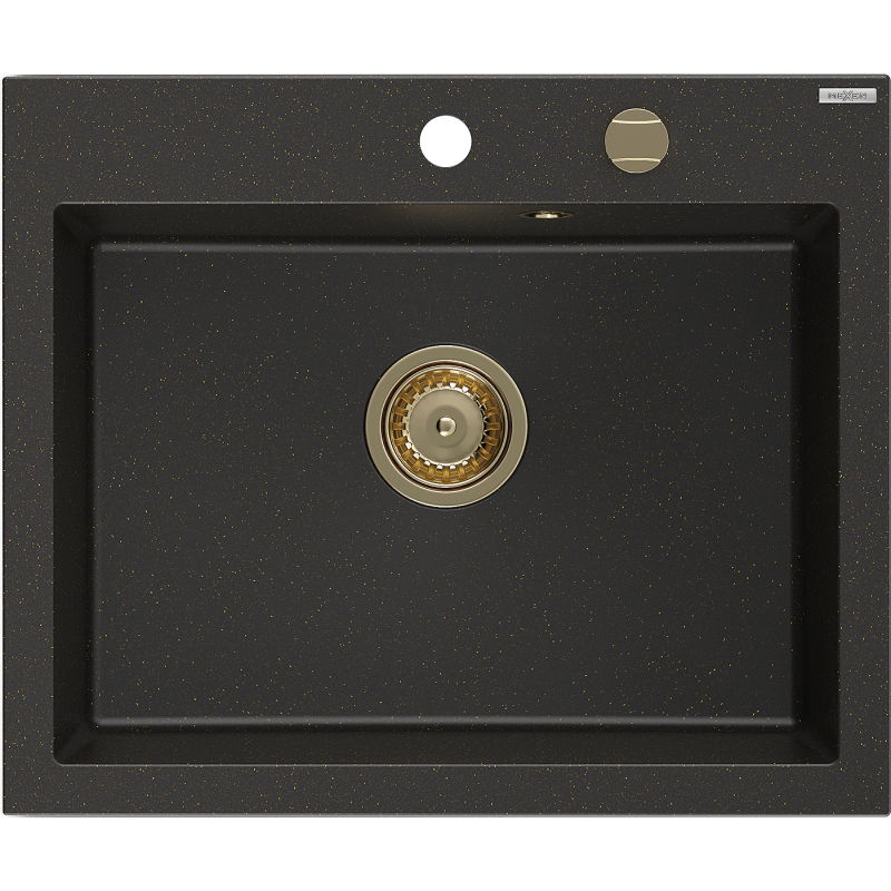 Mexen Elix évier de cuisine en granit 1 bac 600 x 500 mm, noir/doré métallique, siphon doré - 6525601005-75-G