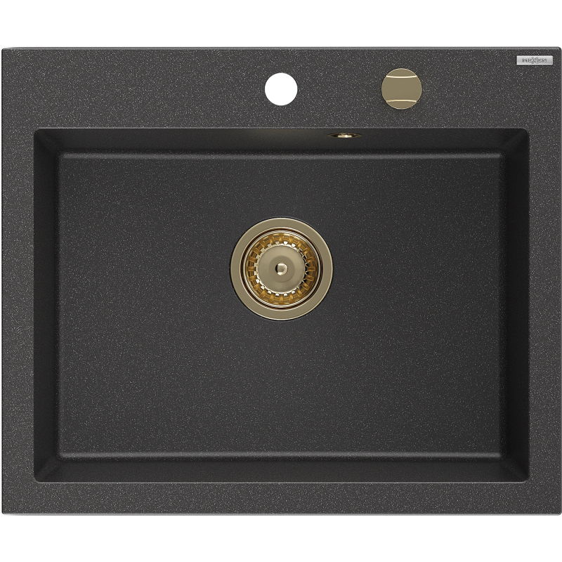 Mexen Elix évier de cuisine en granit 1 bac 600 x 500 mm, noir moucheté, siphon doré - 6525601005-76-G