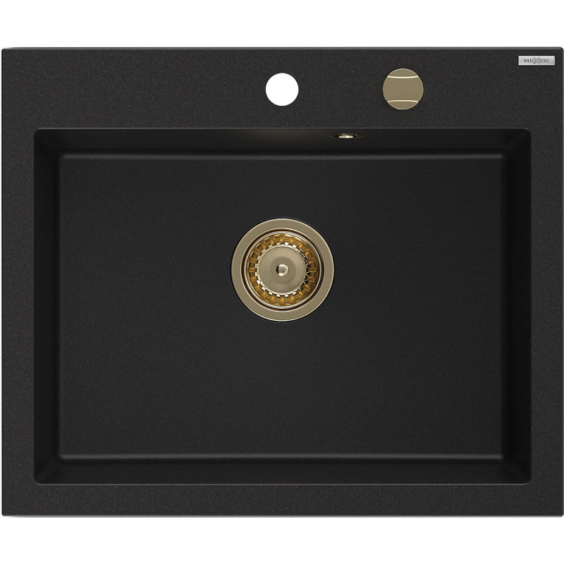 Mexen Elix évier en granit 1 bac 600 x 500 mm, noir, siphon doré - 6525601005-77-G