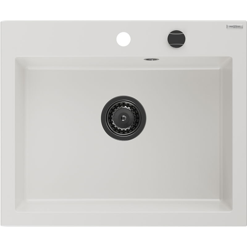 Mexen Elix évier de cuisine en granit 1 bac 600 x 500 mm, blanc, siphon noir - 6525601005-20-B