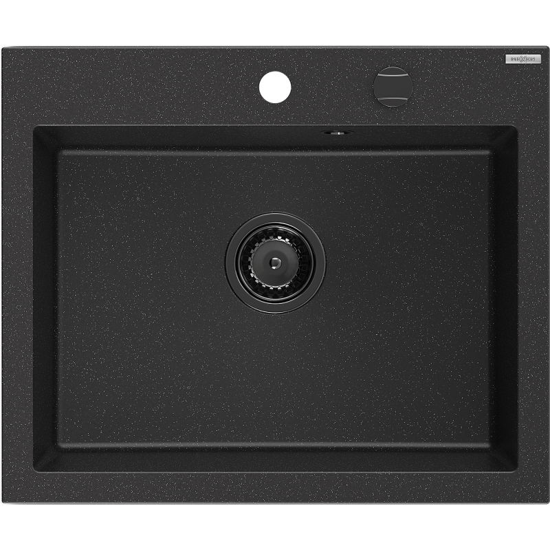 Mexen Elix évier en granit 1 bac 600 x 500 mm, noir/argent métallisé, siphon noir - 6525601005-73-B