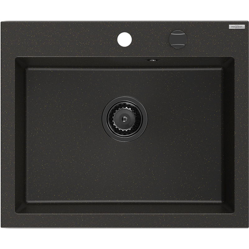 Mexen Elix évier en granit 1 bac 600 x 500 mm, noir/doré métallisé, siphon noir - 6525601005-75-B