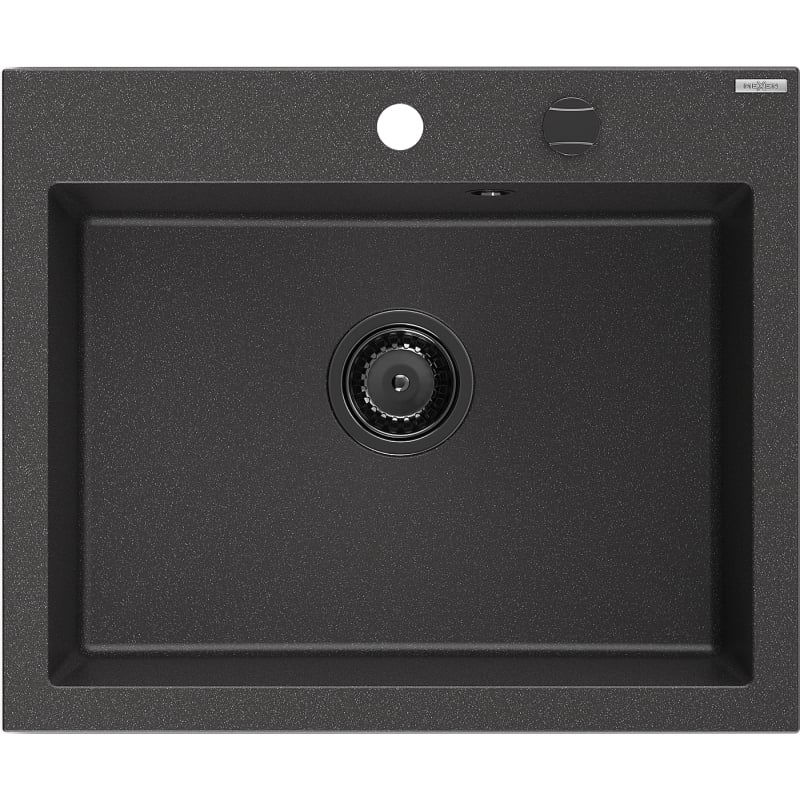 Mexen Elix évier de cuisine en granit à 1 bac 600 x 500 mm, noir moucheté, siphon noir - 6525601005-76-B