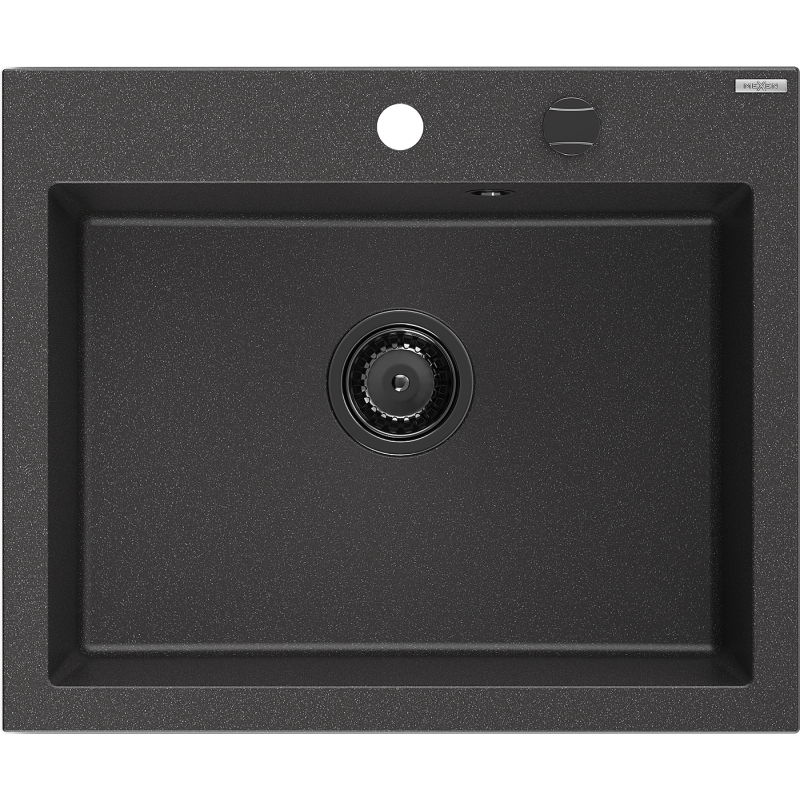 Mexen Elix évier en granit 1 bac 600 x 500 mm, noir tacheté, siphon noir - 6525601005-76-B