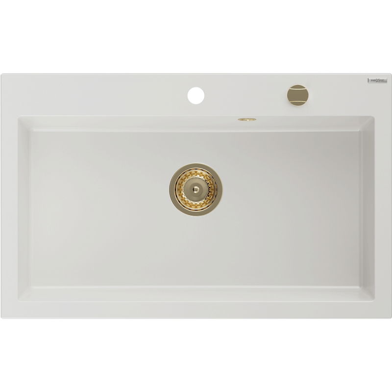 Mexen Elix évier en granit 1 bac 800 x 500 mm, blanc, siphon doré - 6527801005-20-G