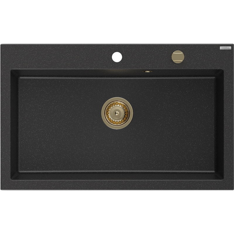 Mexen Elix évier de cuisine en granit 1 bac 800 x 500 mm, noir/argent métallique, siphon doré - 6527801005-73-G