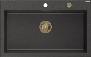 Mexen Elix évier en granit 1 bac 800 x 500 mm, noir moucheté, siphon doré - 6527801005-76-G