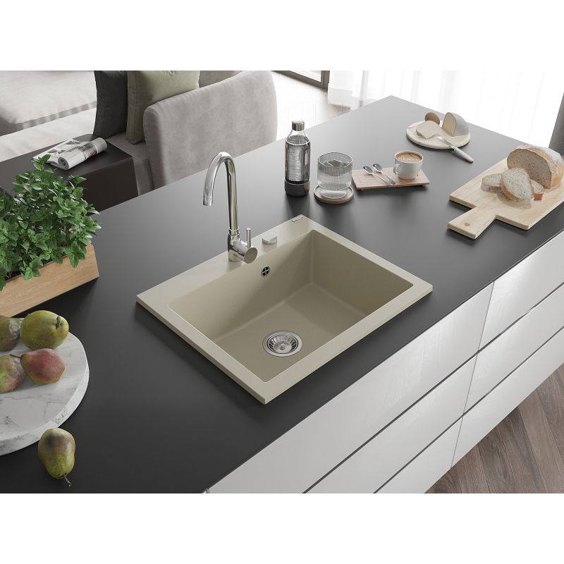 Mexen Elix évier en granit à 1 bac 600 x 500 mm, beige, siphon chromé - 6525601005-69