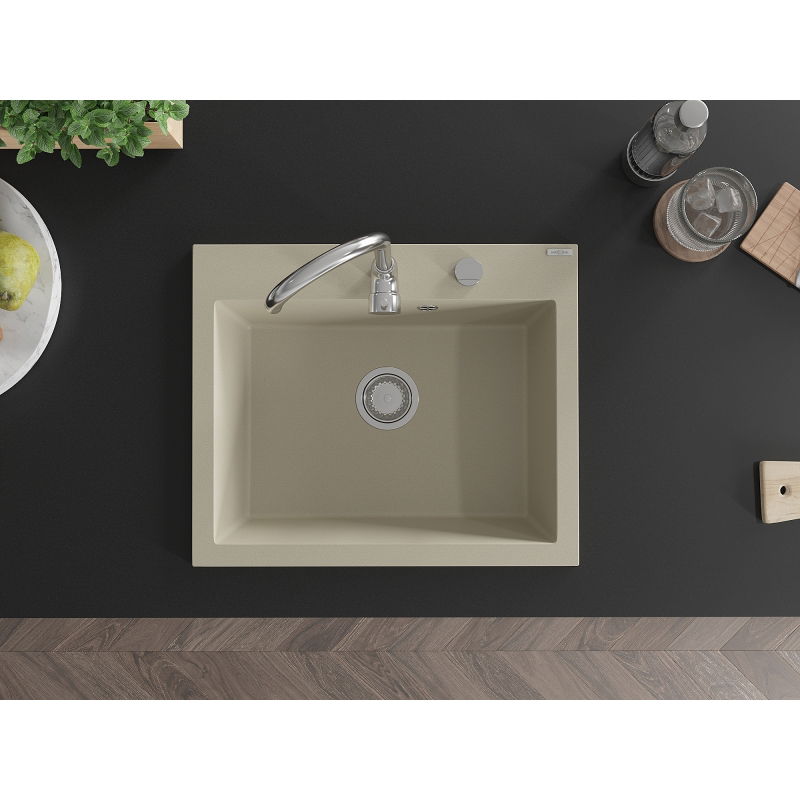 Mexen Elix évier en granit à 1 bac 600 x 500 mm, beige, siphon chromé - 6525601005-69