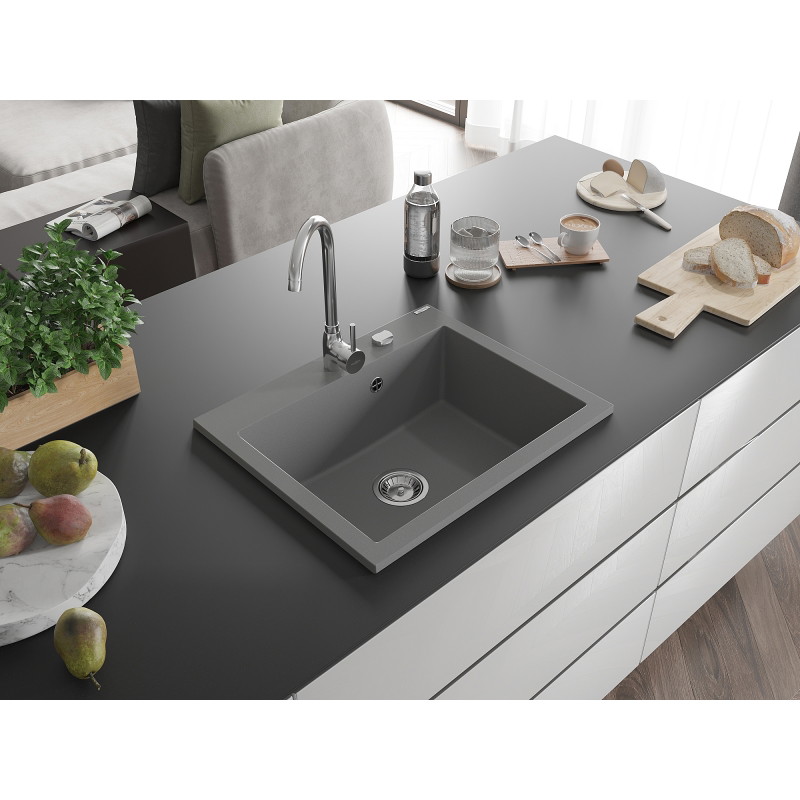 Mexen Elix évier en granit 1-bac 600 x 500 mm, gris, siphon chromé - 6525601005-71