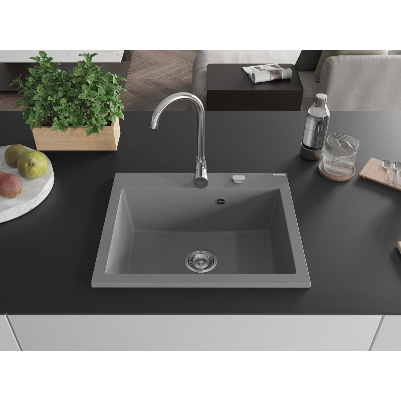 Mexen Elix évier en granit 1-bac 600 x 500 mm, gris, siphon chromé - 6525601005-71