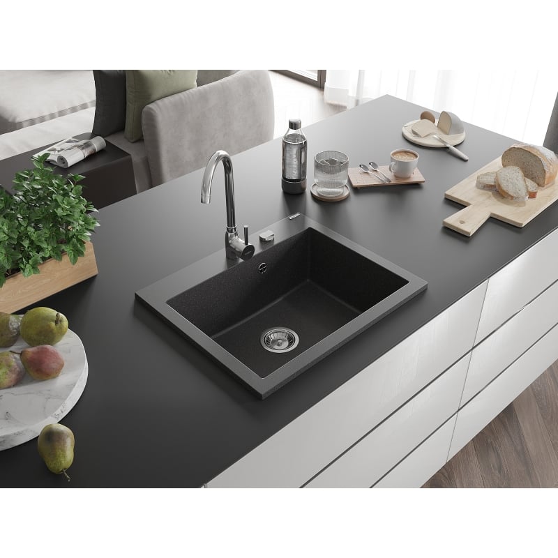 Mexen Elix évier de cuisine en granit 1 bac 600 x 500 mm, noir moucheté, siphon chromé - 6525601005-76