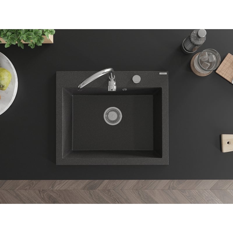 Mexen Elix évier de cuisine en granit 1 bac 600 x 500 mm, noir moucheté, siphon chromé - 6525601005-76
