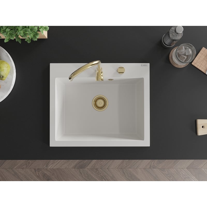 Mexen Elix évier en granit, 1 bac, 600 x 500 mm, blanc, siphon doré - 6525601005-20-G