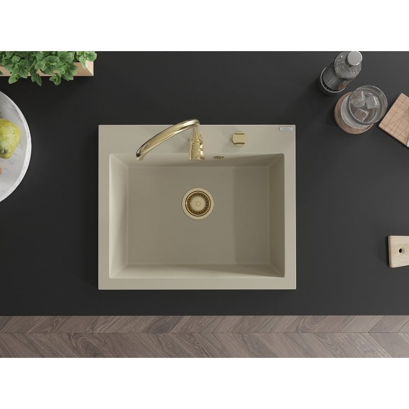 Mexen Elix évier en granit 1 bac 600 x 500 mm, beige, siphon doré - 6525601005-69-G