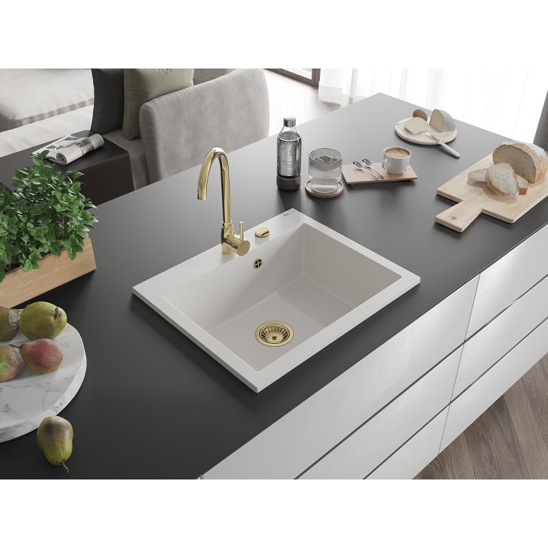 Mexen Elix évier en granit, 1 bac, 600 x 500 mm, blanc, siphon doré - 6525601005-20-G