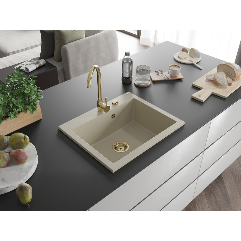Mexen Elix évier en granit 1 bac 600 x 500 mm, beige, siphon doré - 6525601005-69-G