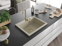 Mexen Elix évier en granit 1-bac 600 x 500 mm, beige, siphon doré - 6525601005-69-G