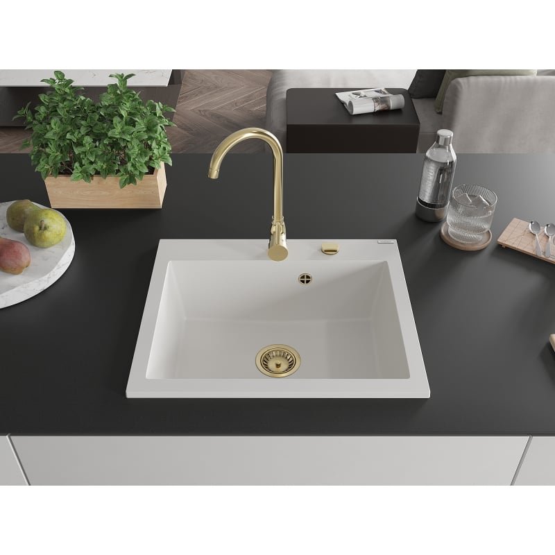 Mexen Elix évier en granit, 1 bac, 600 x 500 mm, blanc, siphon doré - 6525601005-20-G