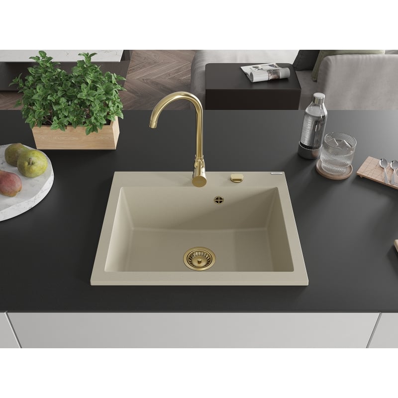 Mexen Elix évier en granit 1 bac 600 x 500 mm, beige, siphon doré - 6525601005-69-G