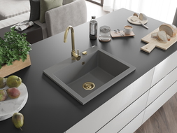 Mexen Elix évier en granit 1 bac 600 x 500 mm, gris, siphon doré - 6525601005-71-G