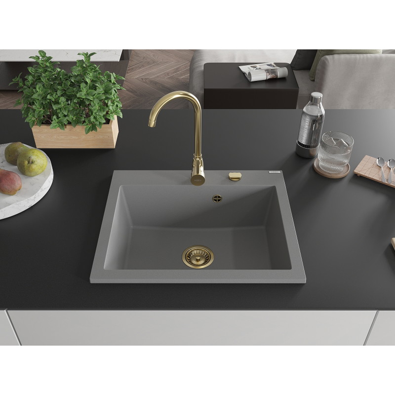 Mexen Elix évier en granit 1 bac 600 x 500 mm, gris, siphon doré - 6525601005-71-G