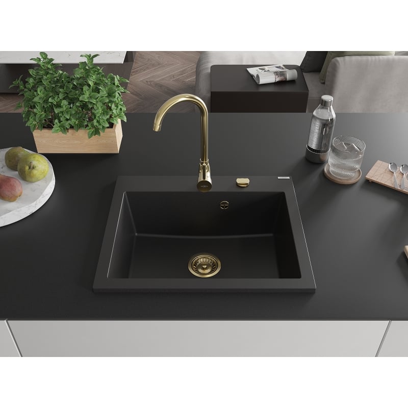 Mexen Elix évier en granit 1-bac 600 x 500 mm, noir, siphon doré - 6525601005-77-G