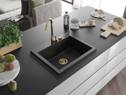 Mexen Elix évier en granit 1 bac 600 x 500 mm, noir, siphon doré - 6525601005-77-G