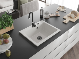 Mexen Elix évier de cuisine en granit 1 bac 600 x 500 mm, blanc, siphon noir - 6525601005-20-B