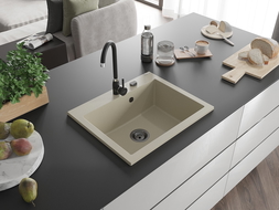 Mexen Elix évier de cuisine en granit 1 bac 600 x 500 mm, beige, siphon noir- 6525601005-69-B