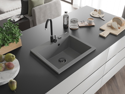 Mexen Elix évier en granit 1 bac 600 x 500 mm, gris, siphon noir - 6525601005-71-B