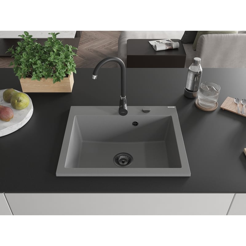 Mexen Elix évier en granit 1-bac 600 x 500 mm, gris, siphon noir - 6525601005-71-B