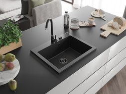 Mexen Elix évier de cuisine en granit 1 bac 600 x 500 mm, noir/argent métallisé, siphon noir - 6525601005-73-B