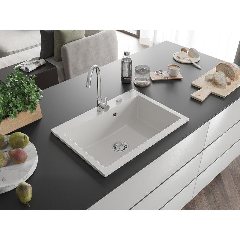 Mexen Elix évier de cuisine en granit 1-bac 700 x 500 mm, blanc, siphon chromé - 6526701005-20