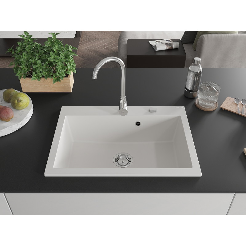 Mexen Elix évier de cuisine en granit 1-bac 700 x 500 mm, blanc, siphon chromé - 6526701005-20