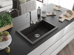 Mexen Elix évier en granit 1 bac 700 x 500 mm, noir/doré métallique, siphon chromé - 6526701005-75