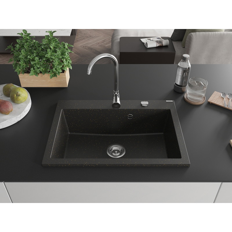 Mexen Elix évier en granit 1 bac 700 x 500 mm, noir/or métallique, siphon chromé - 6526701005-75