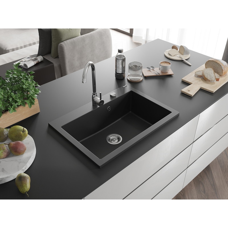 Mexen Elix évier en granit 1 bac 700 x 500 mm, noir, siphon chromé - 6526701005-77