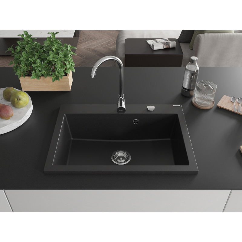 Mexen Elix évier en granit 1 bac 700 x 500 mm, noir, siphon chromé - 6526701005-77
