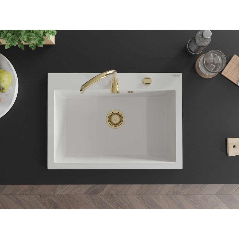 Mexen Elix évier de cuisine en granit 1 cuve 700 x 500 mm, blanc, siphon doré - 6526701005-20-G