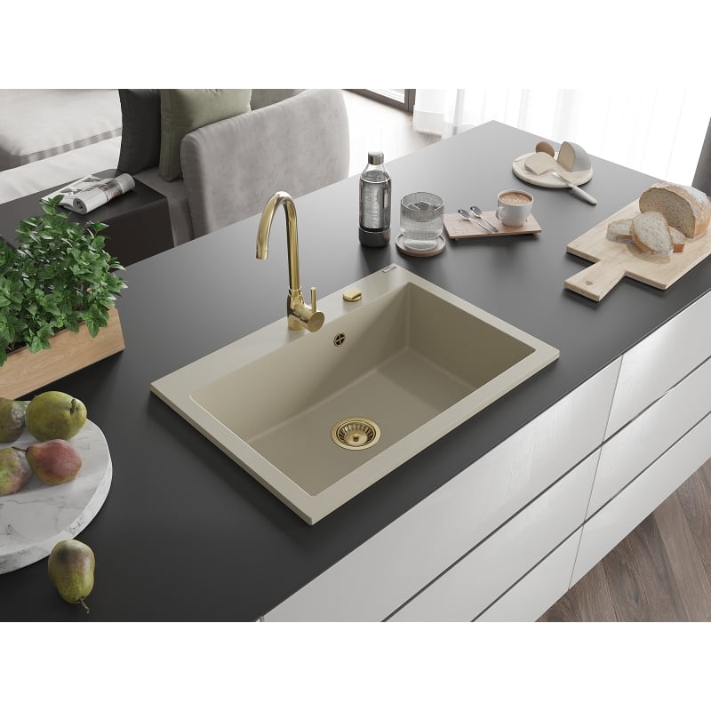 Mexen Elix évier en granit 1 bac 700 x 500 mm, beige, siphon doré - 6526701005-69-G