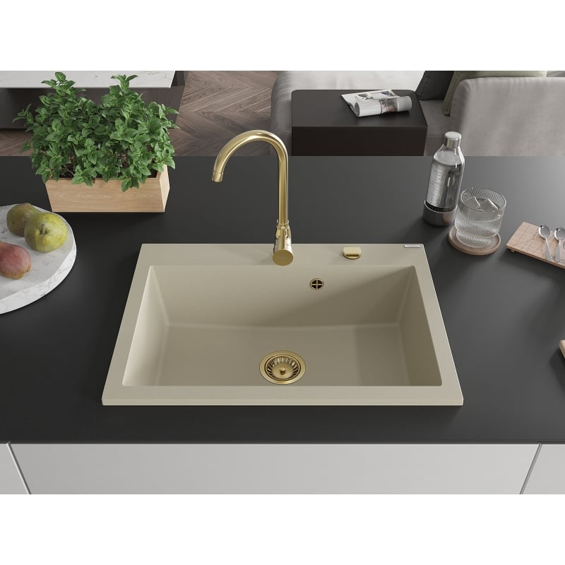 Mexen Elix évier en granit 1 bac 700 x 500 mm, beige, siphon doré - 6526701005-69-G