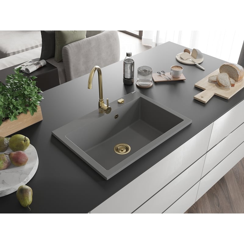 Mexen Elix évier en granit 1 bac 700 x 500 mm, gris, siphon doré - 6526701005-71-G
