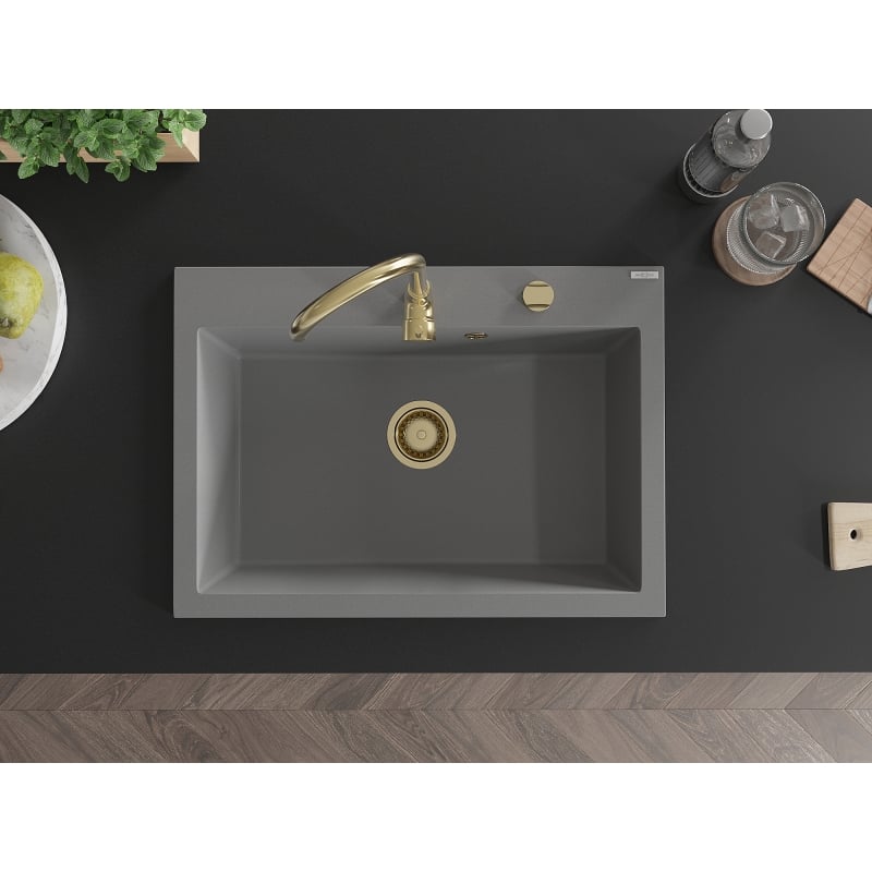 Mexen Elix évier en granit 1 bac 700 x 500 mm, gris, siphon doré - 6526701005-71-G