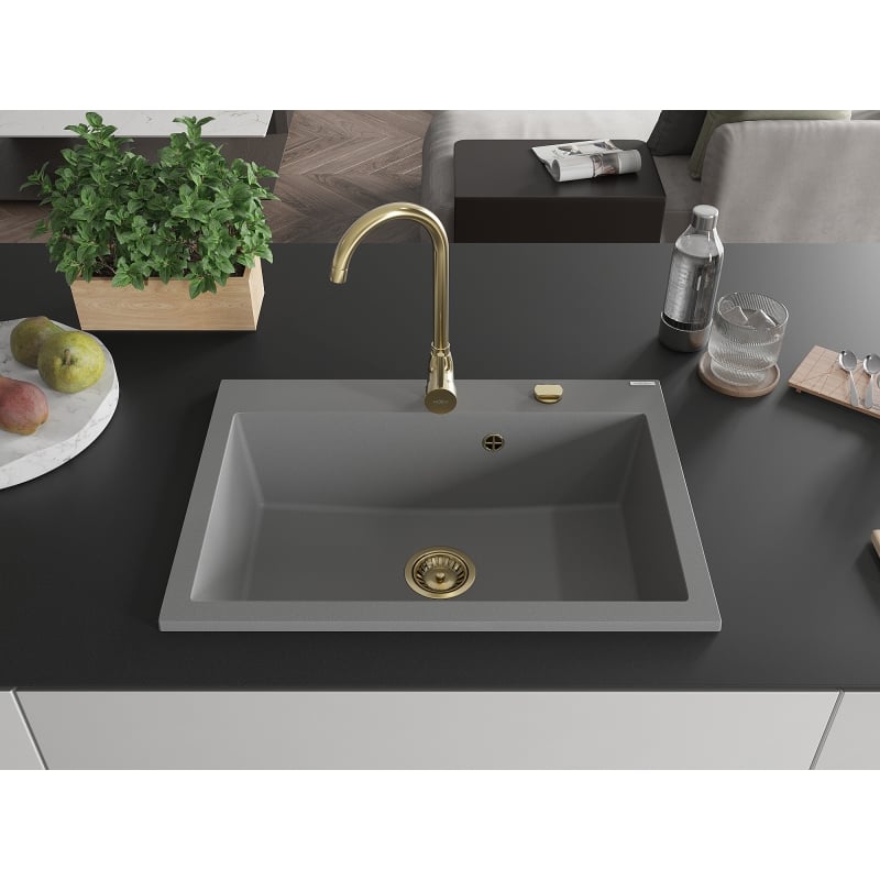 Mexen Elix évier en granit 1 bac 700 x 500 mm, gris, siphon doré - 6526701005-71-G