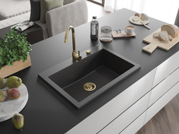 Mexen Elix évier en granit 1 bac 700 x 500 mm, noir moucheté, siphon doré - 6526701005-76-G